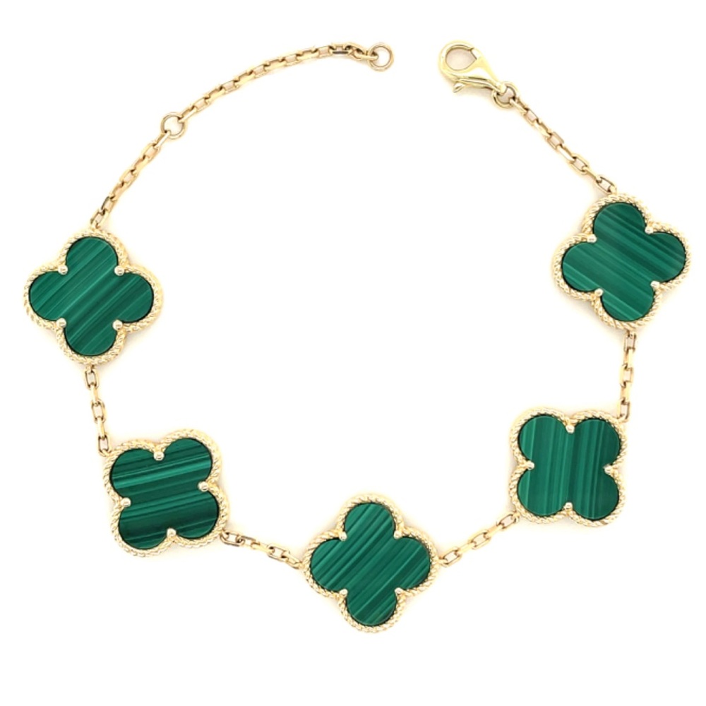 Gold Green Malachite 5 Quatrefoil Clover Motif Bracelet